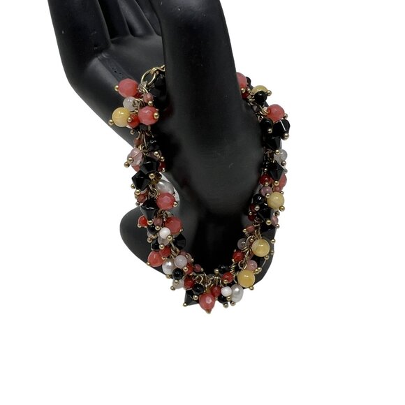 Cluster‎ Beaded Bracelet Gold Tone Faceted Pink Yellow Black White Beads - Picture 1 of 7